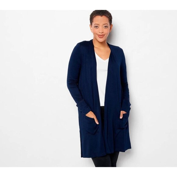 Susan Graver Weekend Regular Jersey Knit Draped Back Cardigan Size XXS Navy NEW - Picture 1 of 5